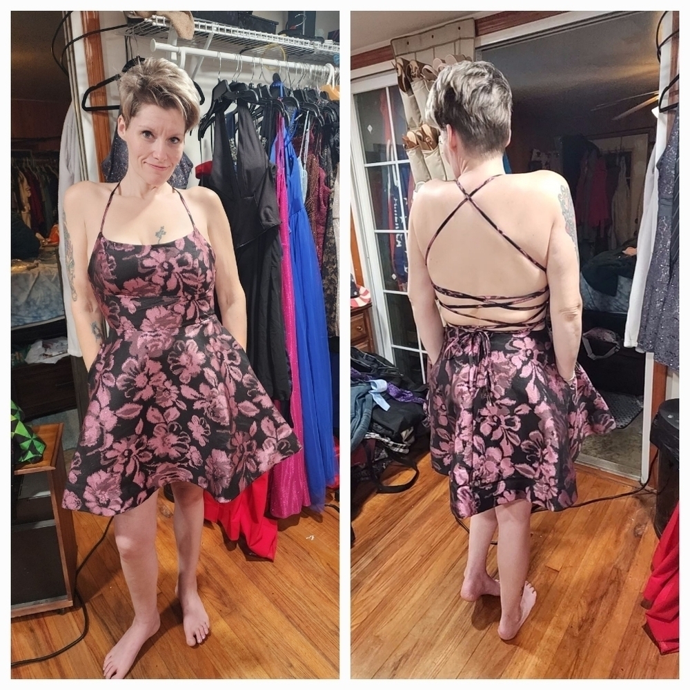 B Darlin light pink flowers on black sparkle dress criss-cross open back